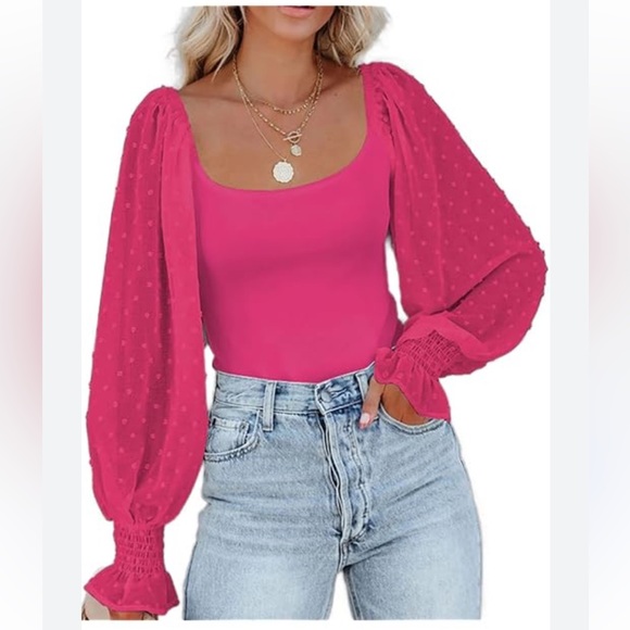 zeagoo Tops - Women’s Square Neck Sheer Puff Sleeve Bodysuit Size M